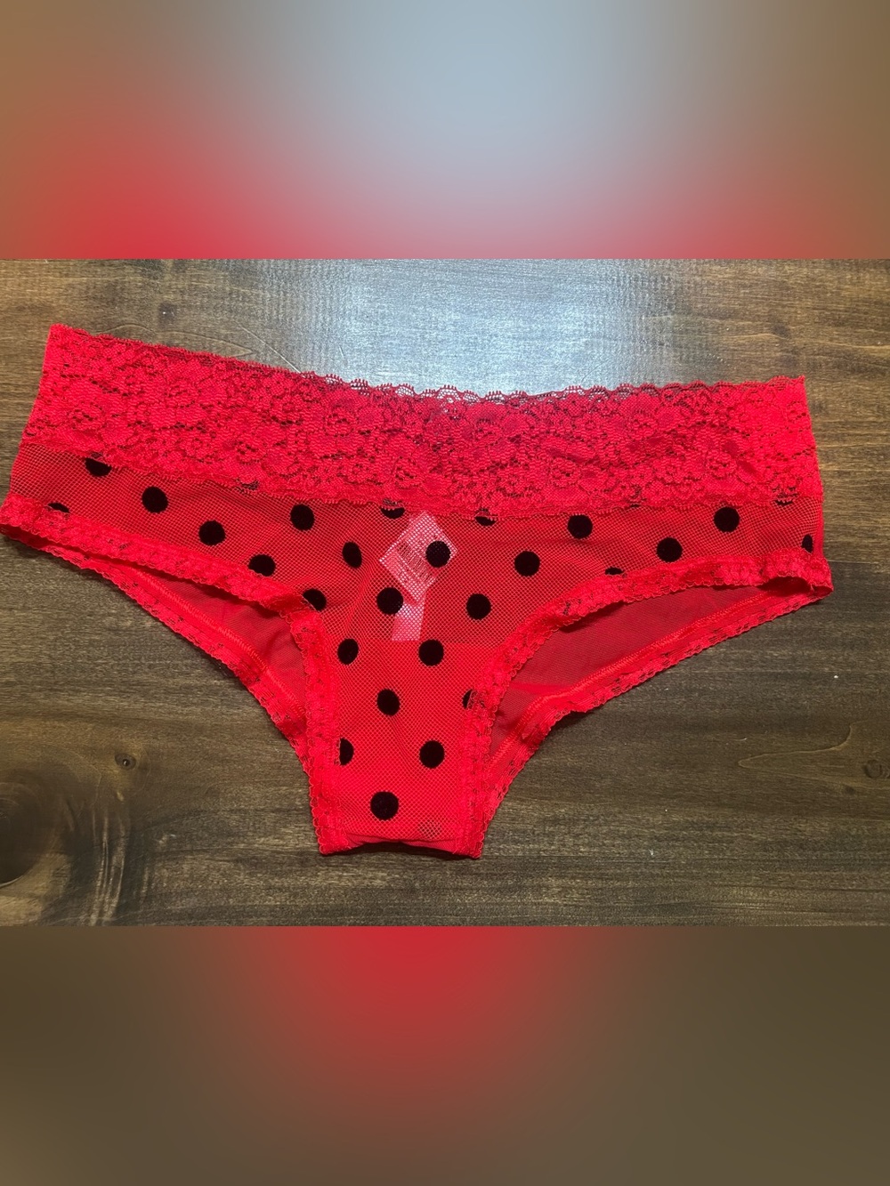 PINK Victoria's Secret Red & Black Polka Dot Lace Bikini Panty